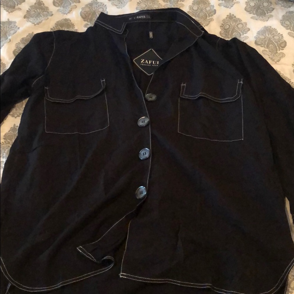 Zaful Black Button Up Top with White Stitching